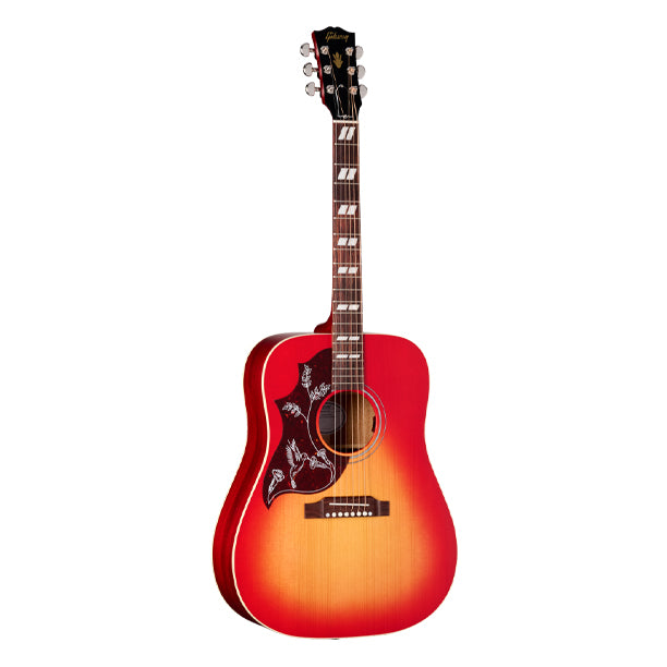 Left-handed Gibson Hummingbird Special in Satin Vintage Cherry Sunburst finish. Square-shoulder mahogany body with solid Sitka spruce top, scalloped X-bracing, concert depth body. Mahogany neck with SlimTaper profile, 24.75 in. scale. Rosewood fretboard, 20 frets, MOP dot inlays. TUSQ hardware. Grover Rotomatic tuners. Satin Vintage Cherry Sunburst nitrocellulose finish. LR Baggs Element Bronze under-saddle pickup. Premium soft-shell case included.