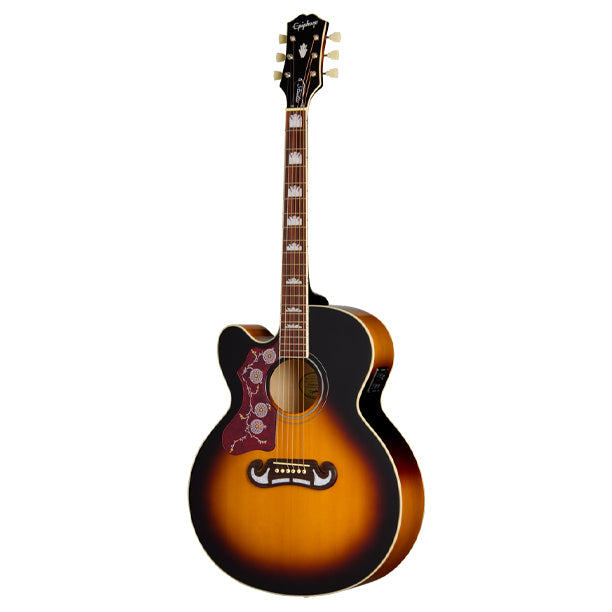 Left-handed J-200 Studio jumbo acoustic with maple back and sides in Vintage Sunburst finish.