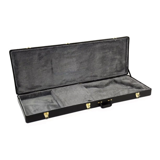 Yorkville hardshell bass guitar case designed for Explorer-style bass guitar body shapes. Five-ply cross-laminate wood construction with heavy-duty vinyl covering, plush interior lining, large accessory compartments, all-metal locking fasteners, and heavy-duty molded handles.