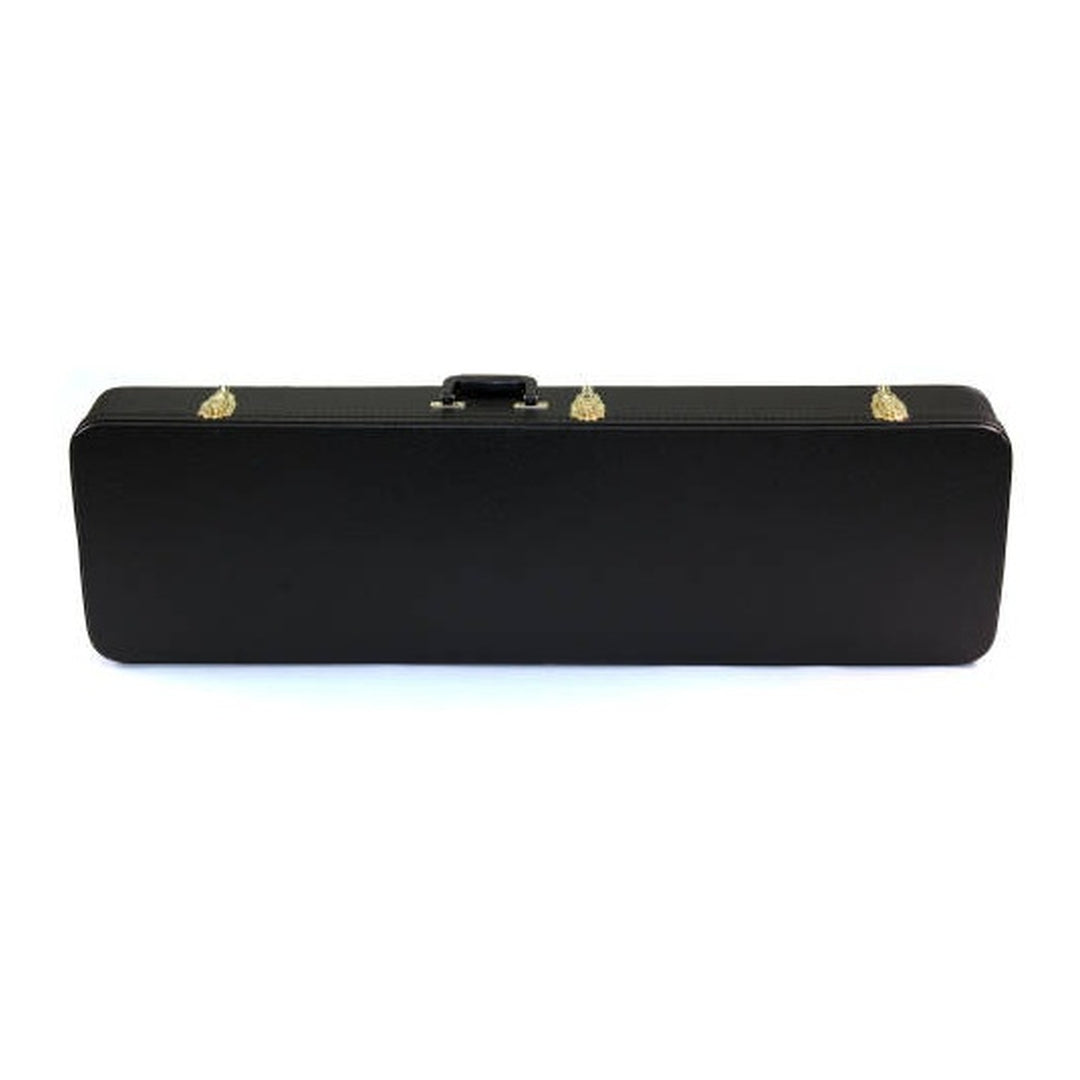 Yorkville hardshell bass guitar case designed for Gibson EB-0 and EB-VI style bass guitars. Five-ply cross-laminate wood construction with heavy-duty vinyl covering, plush interior lining, large accessory compartments, all-metal locking fasteners, and heavy-duty molded handles.