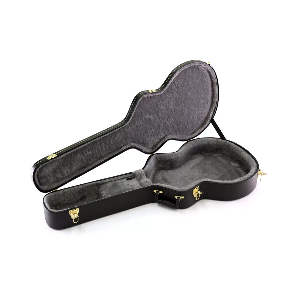Yorkville hardshell acoustic guitar case designed for shallow-body acoustic guitars including the Ovation PR and Celebrity series. Five-ply cross-laminate wood construction with heavy-duty vinyl covering, plush interior lining, large accessory compartments, all-metal locking fasteners, and heavy-duty molded handles.