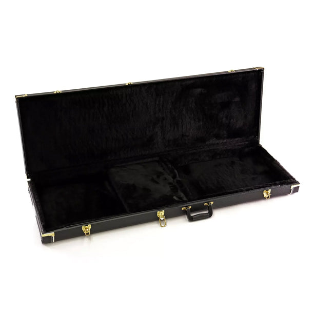 Yorkville deluxe hardshell jazz bass guitar case with arched top for a secure instrument fit. Five-ply cross-laminate wood construction with heavy-duty vinyl covering, plush interior lining, large accessory compartments, all-metal locking fasteners, and heavy-duty molded handles.