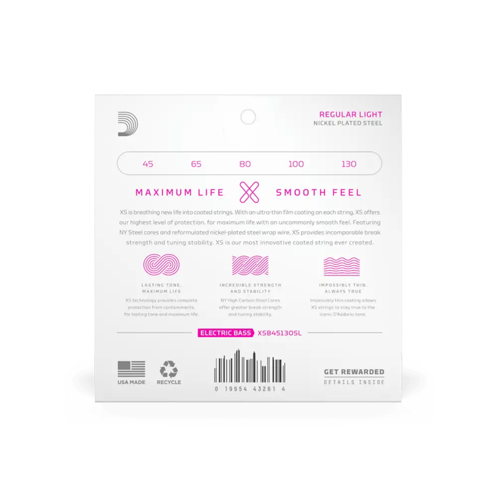 D’Addario XSB45130 XS Regular Light 5-String Super Long Scale Coated Bass Strings (45-130)