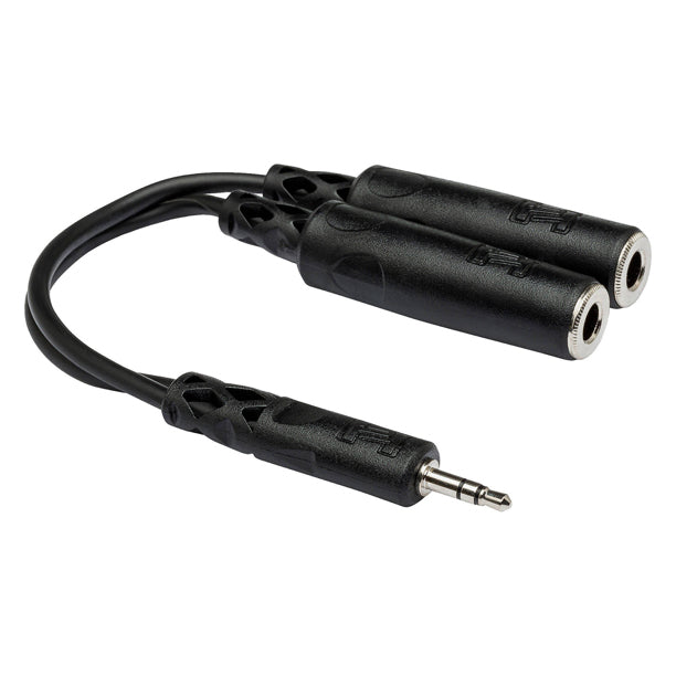 Y-cable splitter or combiner for routing one audio signal to two destinations or combining two sources.