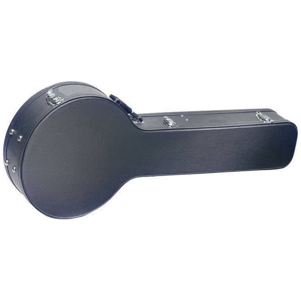 Yorkville hardshell 5-string banjo case providing road-tough protection. Five-ply cross-laminate wood construction with heavy-duty vinyl covering, plush interior lining, large accessory compartments, all-metal locking fasteners, and heavy-duty molded handles.