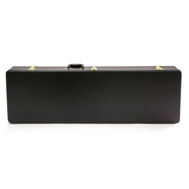 Yorkville hardshell bass guitar case designed specifically for Thunderbird-style bass guitars. Five-ply cross-laminate wood construction with heavy-duty vinyl covering, plush interior lining, large accessory compartments, all-metal locking fasteners, and heavy-duty molded handles.