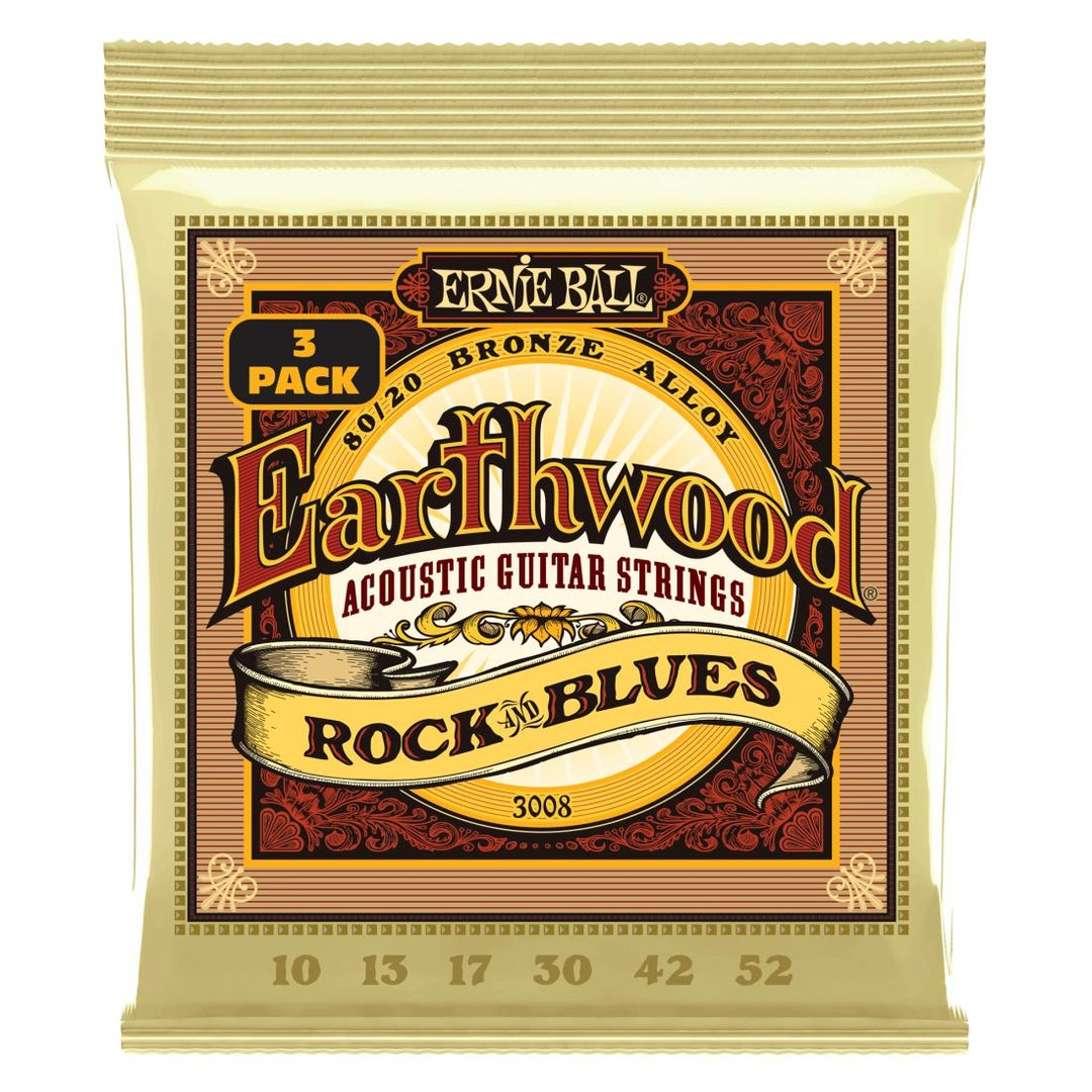 Ernie Ball Earthwood Rock & Blues with Plain G 80/20 Acoustic Strings, 10-52 - 3 Pack