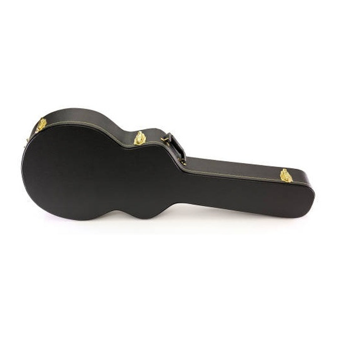 Yorkville extra-large hardshell case designed for semi-acoustic and full-depth archtop electric guitars. Five-ply cross-laminate wood construction with heavy-duty vinyl covering, plush interior lining, large accessory compartments, all-metal locking fasteners, and heavy-duty molded handles.