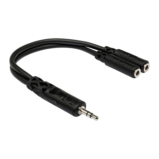 Y-cable splitter or combiner for routing one audio signal to two destinations or combining two sources.