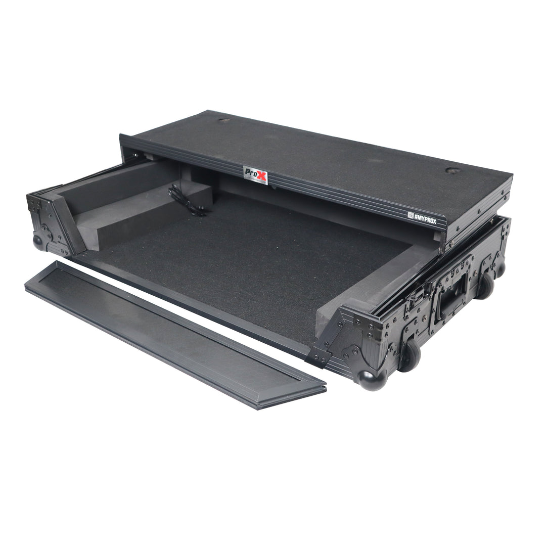 ProX XS-DDJREV5WLTBLLED ATA Flight Style Road Case For Pioneer DDJ-REV5 DJ Controller with Laptop Shelf 1U Rack Space Wheels and LED Black Finish