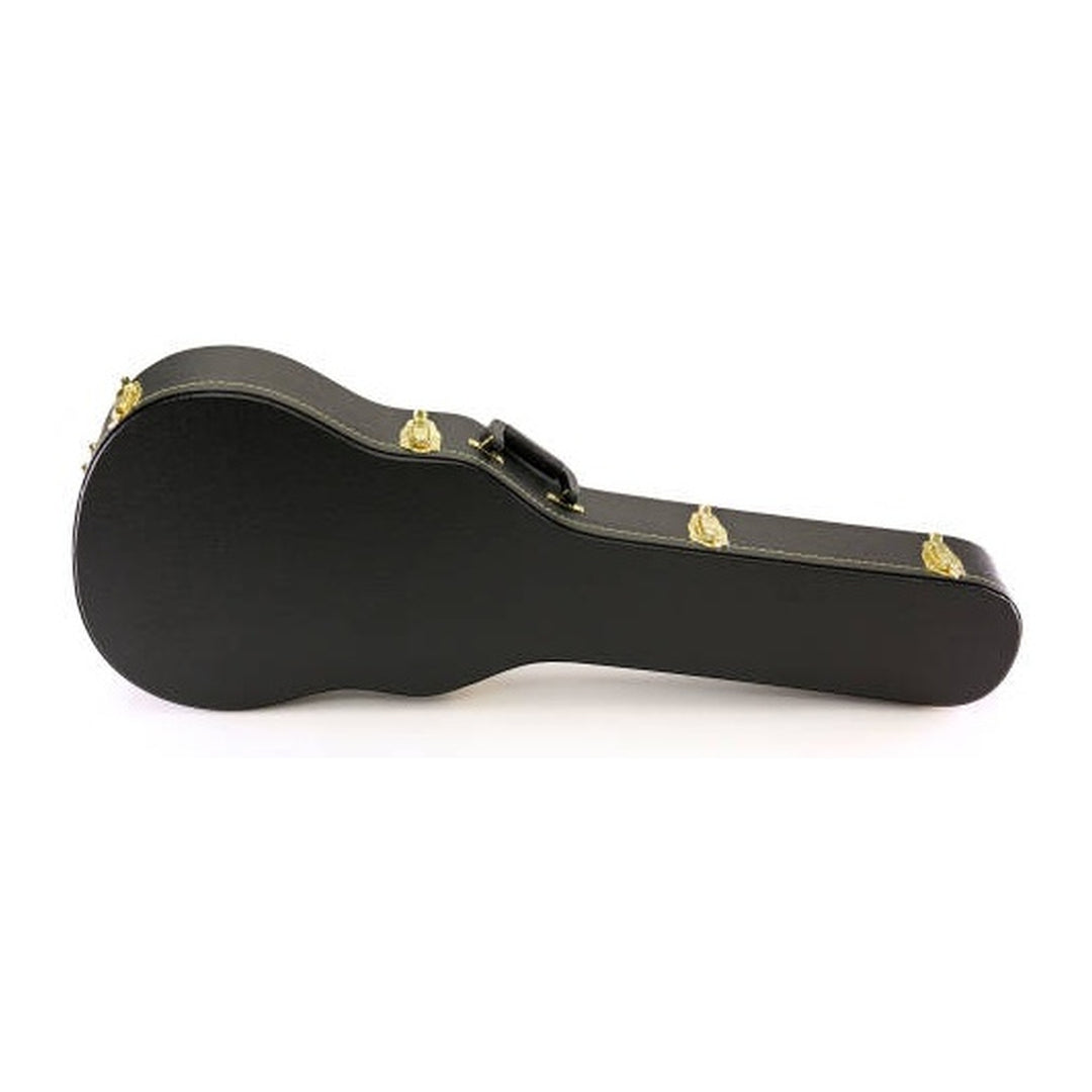 Yorkville hardshell electric guitar case from the KAT series, designed for Ibanez Kat and similar offset body shape electric guitars. Five-ply cross-laminate wood construction with heavy-duty vinyl covering, plush interior lining, large accessory compartments, all-metal locking fasteners, and heavy-duty molded handles.
