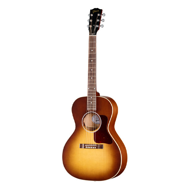 Gibson L-00 Special in Satin Honeyburst finish. USA-built small-body acoustic with solid mahogany back and sides and solid Sitka spruce top. Traditional scalloped X-bracing, single-ply binding. Utile neck with SlimTaper profile, compound dovetail joint, 24.75 in. scale. Rosewood fretboard, 19 frets, MOP dot inlays. TUSQ hardware. Grover Mini Rotomatic tuners. Satin Honeyburst nitrocellulose lacquer finish. LR Baggs Element Bronze under-saddle pickup. Premium soft-shell case included.