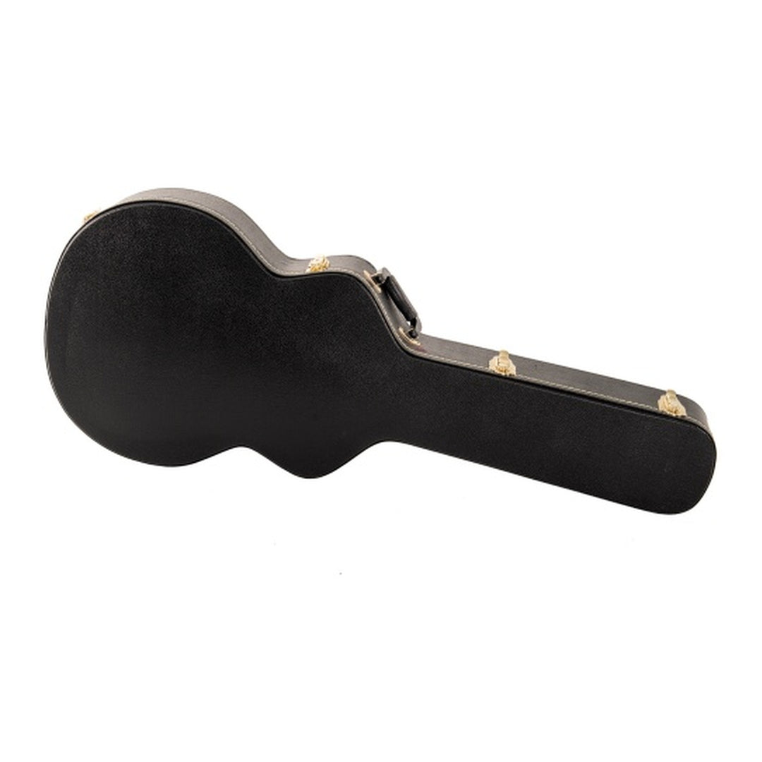 Yorkville deluxe arched-top hardshell case for semi-acoustic electric guitars, with an arched lid for a snug, secure fit. Five-ply cross-laminate wood construction with heavy-duty vinyl covering, plush interior lining, large accessory compartments, all-metal locking fasteners, and heavy-duty molded handles.