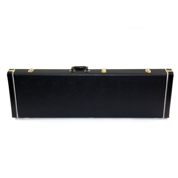 Yorkville deluxe hardshell bass guitar case with arched top for a secure instrument fit. Five-ply cross-laminate wood construction with heavy-duty vinyl covering, plush interior lining, large accessory compartments, all-metal locking fasteners, and heavy-duty molded handles.