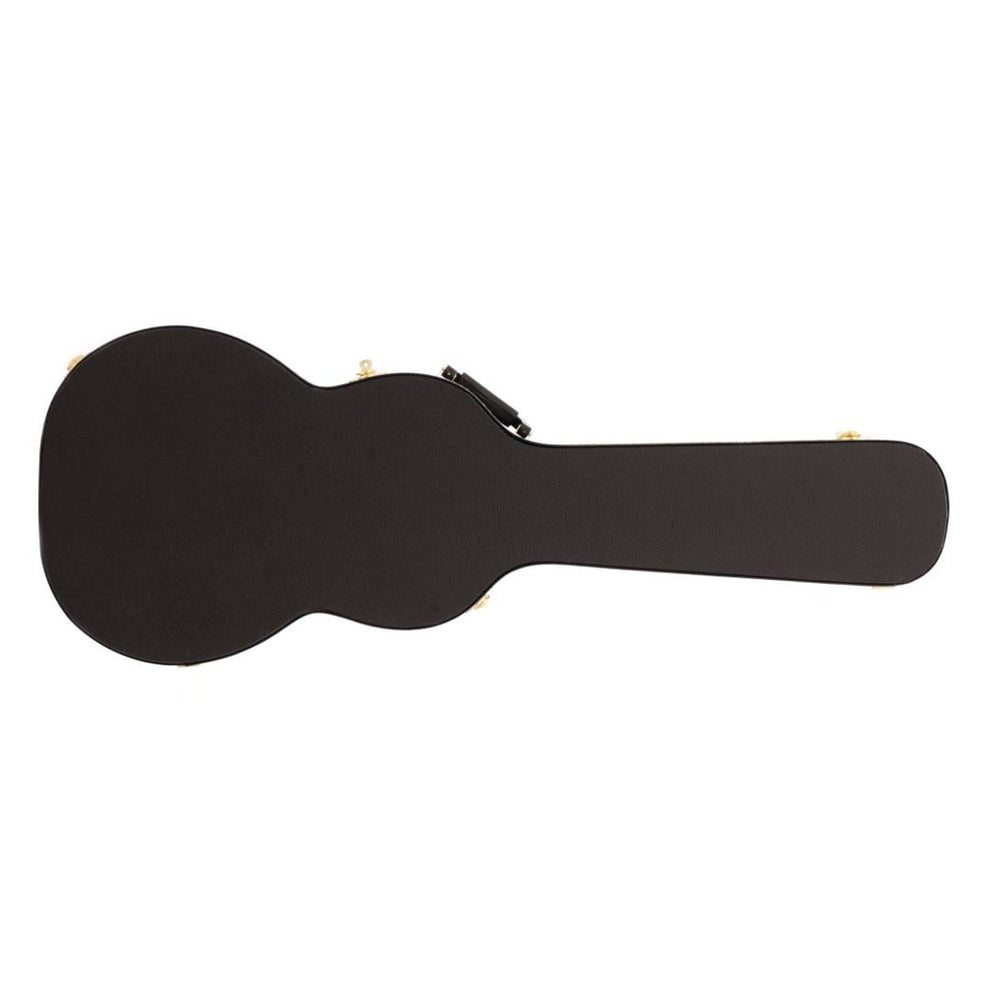 Yorkville hardshell acoustic guitar case designed for parlour body shape acoustic guitars. Five-ply cross-laminate wood construction with heavy-duty vinyl covering, plush interior lining, large accessory compartments, all-metal locking fasteners, and heavy-duty molded handles.