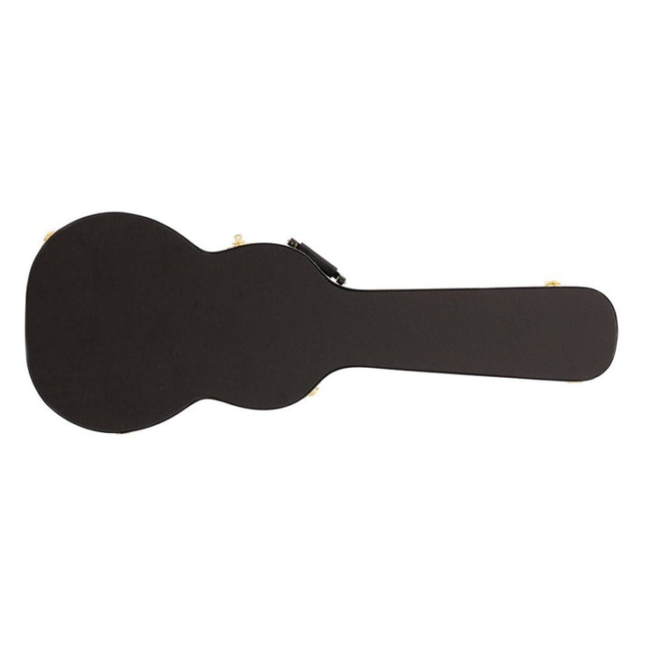 Yorkville hardshell acoustic guitar case designed for parlour body shape acoustic guitars. Five-ply cross-laminate wood construction with heavy-duty vinyl covering, plush interior lining, large accessory compartments, all-metal locking fasteners, and heavy-duty molded handles.