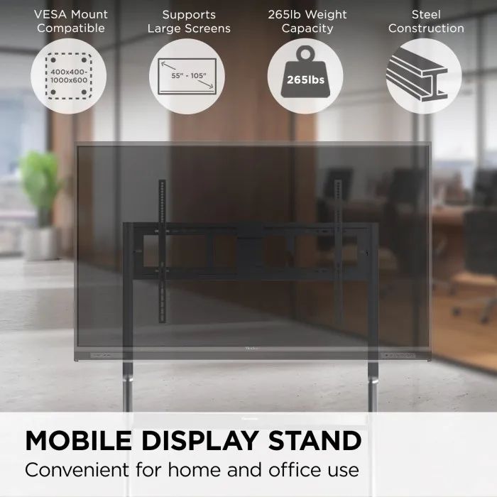ViewSonic VB-STND-009  Slim Mobile Cart for Displays up to 105", VESA 400x400 to 1000x600, Lockable Wheels