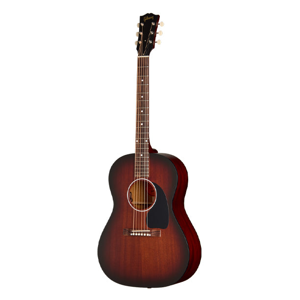 Gibson LG-2 All Mahogany Faded in Vintage Sunburst finish, inspired by wartime-era all-mahogany LG-2 models. Solid mahogany back and sides with solid mahogany soundboard for a warmer, rounder tone ideal for folk, blues, and fingerstyle. Small LG-2 body shape. Mahogany neck, rosewood fretboard. LR Baggs VTC under-saddle transducer with soundhole-mounted volume and tone controls. Satin faded Vintage Sunburst nitrocellulose finish. Gibson hardshell case included.