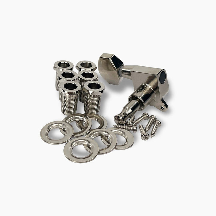 Allparts TK-7113-001 True Tune Mid Size Tuners, 6-in-line, Staggered Posts, Nickel