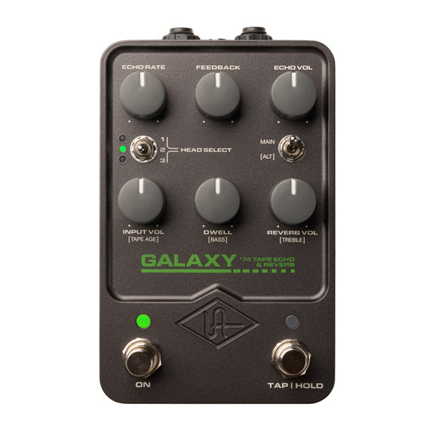 The UA UAFX Galaxy '74 Tape Echo and Reverb delivers authentic tape-based echo and reverb effects built on UAFX dual-engine DSP. Captures the sound and feel of vintage oil-can and tape delay units, with selectable tape echo and plate reverb tones and UAFX Control app support.