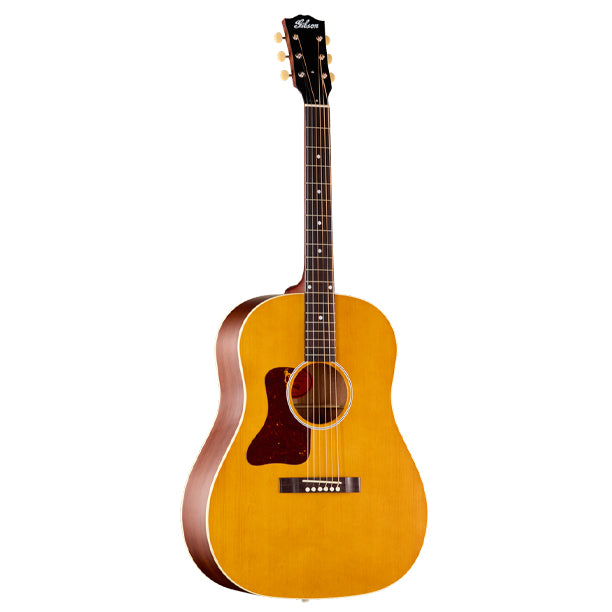 Left-handed Gibson J-45 Century 12-Fret in Vintage Amber finish. Mahogany body with Sitka spruce top, single-ply cream binding. Mahogany neck with SlimTaper 12-Fret profile joining at the 12th fret, compound dovetail joint. Rosewood fretboard, 19 frets, MOP dot inlays. Sloped rectangle closed-slot rosewood bridge. Bone nut and saddle. TUSQ bridge pins. Open-back Golden Age tuners. Satin Vintage Amber nitrocellulose finish. Century Collection tweed hardshell case included.