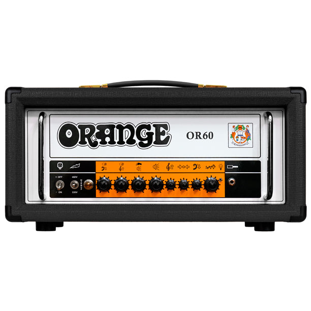 The Orange OR60 in black is a 60-watt UK-built all-valve guitar head with 6L6 power valves. Features single-channel design with footswitchable second volume, Bright switch, Presence and Resonance controls, switchable 60/30W output, and a valve-buffered FX loop.