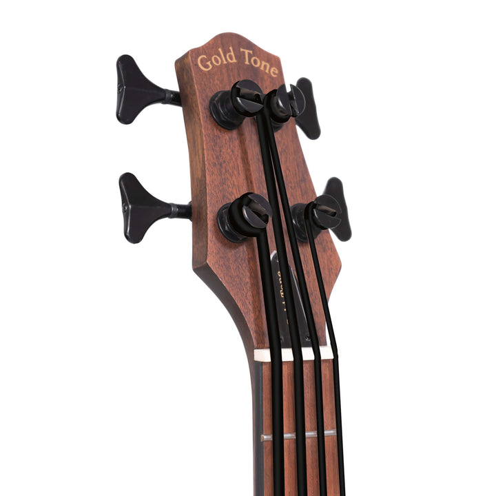 This lightweight, single-cutaway solid-body electric bass produces solid fundamental bass tone. Its specially-engineered bridge with long-throw adjustable string compensation enables you to change the scale length to suit the use of either polymer or steel strings. The piezo pickup with active (9v) EQ creates a BIG sound that goes anywhere! Controls for volume, treble boost, and bass boost. Padded gig bag included.
