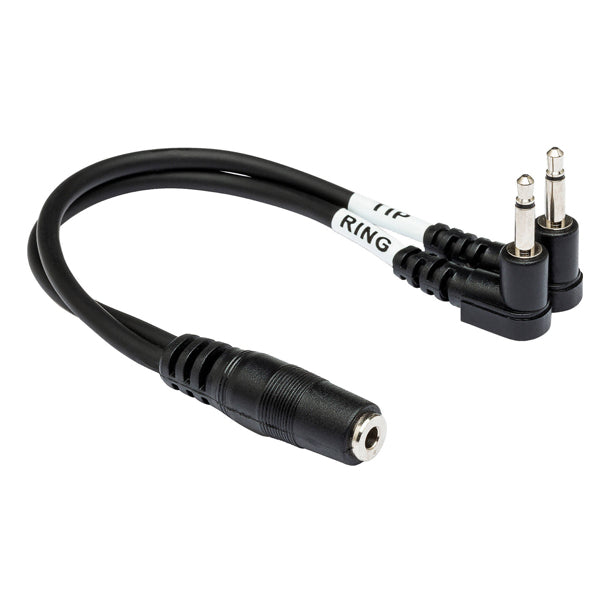 Y-cable splitter or combiner for routing one audio signal to two destinations or combining two sources.