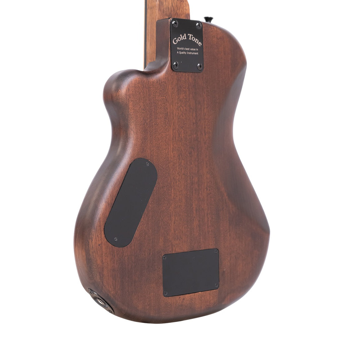 This lightweight, single-cutaway solid-body electric bass produces solid fundamental bass tone. Its specially-engineered bridge with long-throw adjustable string compensation enables you to change the scale length to suit the use of either polymer or steel strings. The piezo pickup with active (9v) EQ creates a BIG sound that goes anywhere! Controls for volume, treble boost, and bass boost. Padded gig bag included.