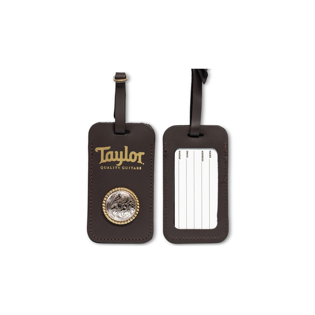 Taylor Leather Luggage Tag w/Concho, Chocolate Brown,Gold Logo