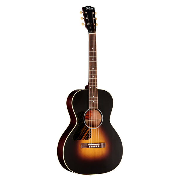 Left-handed Gibson L-00 Century 12-Fret in Vintage Sunburst finish. Mahogany body with 12-fret neck-to-body joint, single-ply cream binding. Mahogany neck with SlimTaper 12-Fret profile, compound dovetail joint. Rosewood fretboard, 19 frets, MOP dot inlays. Open-back Golden Age tuners. Satin Vintage Sunburst nitrocellulose finish. Century Collection tweed hardshell case included.