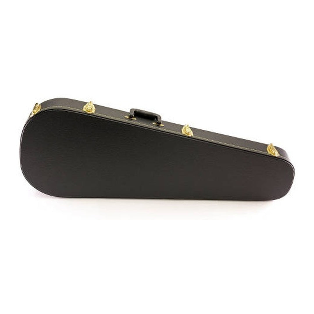 Yorkville hardshell electric guitar case in a teardrop body shape design. Five-ply cross-laminate wood construction with heavy-duty vinyl covering, plush interior lining, large accessory compartments, all-metal locking fasteners, and heavy-duty molded handles.