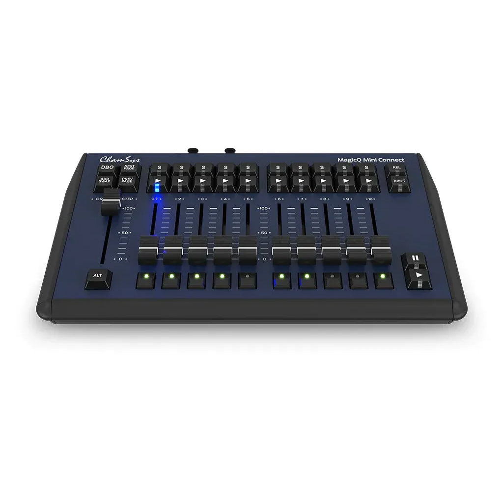 The MagicQ Compact Mini Connect is a highly portable USB-powered control surface that couples physical playback with the power of MagicQ software.