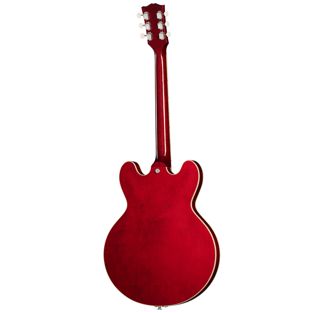 Gibson ES-330. Fully hollow thinline archtop body with no center block. Laminated maple top, back, and sides. Mahogany neck, rosewood fingerboard, 22 frets. P-90 dog-ear pickups. Trapeze tailpiece. Vintage styling. Includes hardshell case.