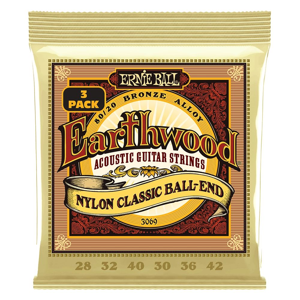 Ernie Ball Earthwood Folk Nylon, Clear & Gold w/Ball End 80/20 Bronze Acoustic Strings, 28-42 - 3 Pack