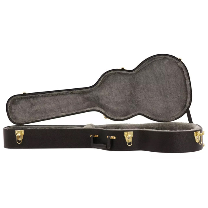 Yorkville hardshell acoustic guitar case designed for parlour body shape acoustic guitars. Five-ply cross-laminate wood construction with heavy-duty vinyl covering, plush interior lining, large accessory compartments, all-metal locking fasteners, and heavy-duty molded handles.