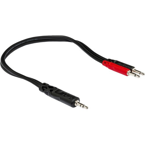 Y-cable splitter or combiner for routing one audio signal to two destinations or combining two sources.