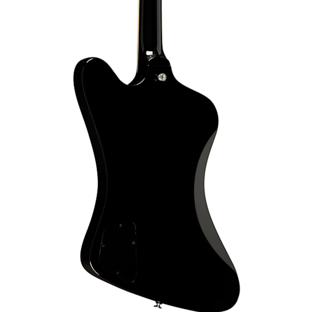 Gibson Firebird Platypus, Ebony. Tribute to the rare 1965 transitional Firebird with the flat Platypus-style Non-Reverse headstock. Mahogany body with set neck and neck-through appearance. SlimTaper mahogany neck, rosewood fretboard with 12-inch radius, 22 medium jumbo frets, acrylic trapezoid inlays. Two historically accurate Firebird Alnico 5 mini humbucker pickups. Nashville Tune-O-Matic bridge, aluminum Stop Bar tailpiece. Grover Mini Rotomatic tuners. Includes hardshell case.