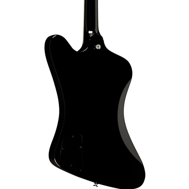 Gibson Firebird Platypus, Ebony. Tribute to the rare 1965 transitional Firebird with the flat Platypus-style Non-Reverse headstock. Mahogany body with set neck and neck-through appearance. SlimTaper mahogany neck, rosewood fretboard with 12-inch radius, 22 medium jumbo frets, acrylic trapezoid inlays. Two historically accurate Firebird Alnico 5 mini humbucker pickups. Nashville Tune-O-Matic bridge, aluminum Stop Bar tailpiece. Grover Mini Rotomatic tuners. Includes hardshell case.