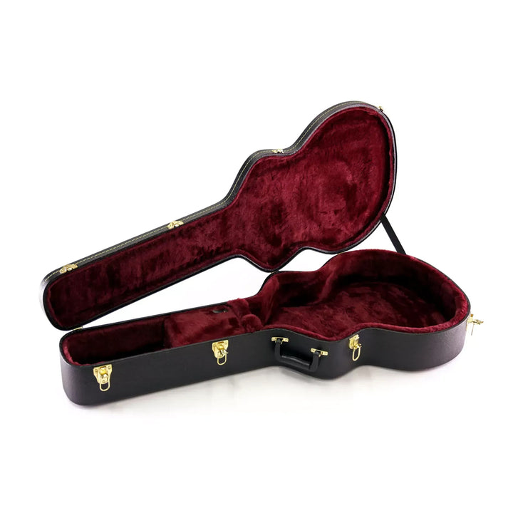 Yorkville hardshell acoustic guitar case designed for jumbo body acoustic guitars. Five-ply cross-laminate wood construction with heavy-duty vinyl covering, plush interior lining, large accessory compartments, all-metal locking fasteners, and heavy-duty molded handles.