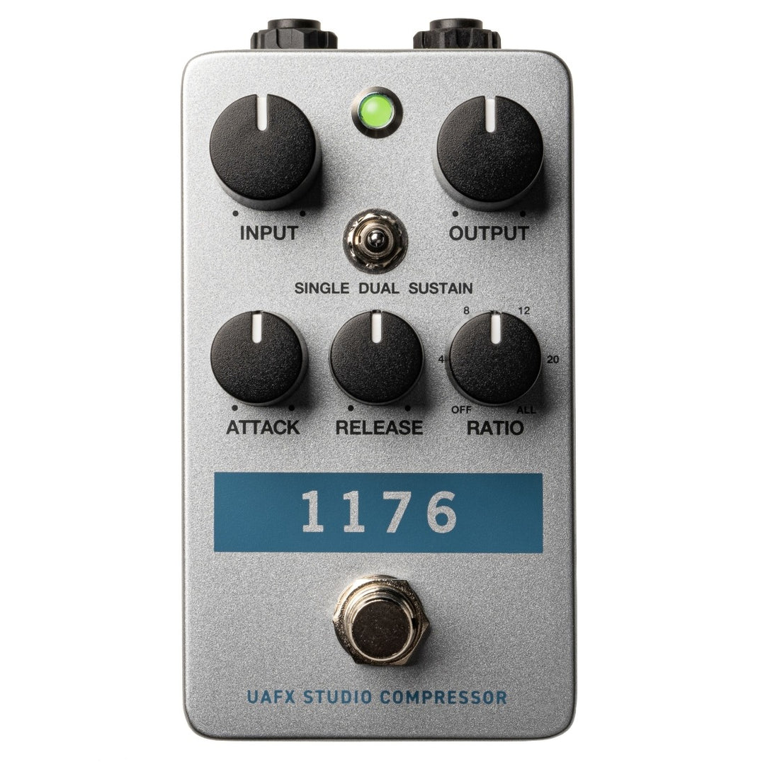 The UA UAFX 1176 Studio Compressor compact pedal delivers the tone and attack of the legendary 1176 FET limiting amplifier in a compact pedalboard-friendly format. Built on UAFX processing technology, the 1176 Studio Compressor provides classic FET punch and control for guitar and bass signals.