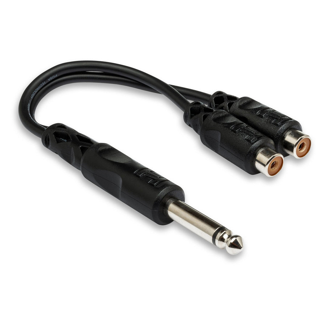 Y-cable splitter or combiner for routing one audio signal to two destinations or combining two sources.