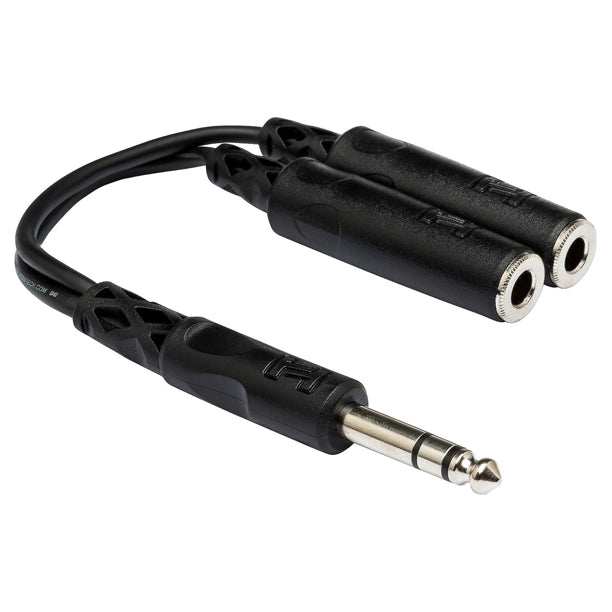 Y-cable splitter or combiner for routing one audio signal to two destinations or combining two sources.