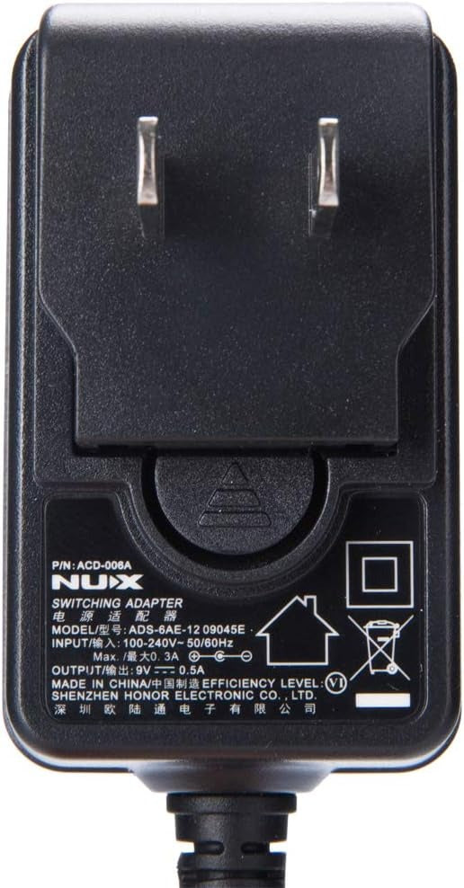 The NUX ACD-006A is a 9V 500mA DC center-negative switching power adapter designed for guitar pedals. It features low-noise, low-ripple performance, and universal 100-240V input for worldwide use. The unit includes switchable plugs for US, EU, and AU compatibility