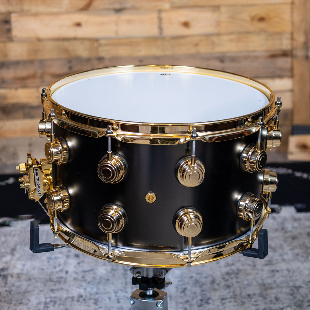 DW Collectors Snare Drum 8 x 14 Satin Black Over Brass Snare/ Gold Hardware