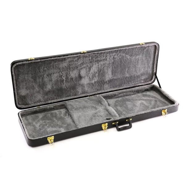 Yorkville hardshell rectangular bass guitar case suitable for a wide range of bass guitar body styles. Five-ply cross-laminate wood construction with heavy-duty vinyl covering, plush interior lining, large accessory compartments, all-metal locking fasteners, and heavy-duty molded handles.