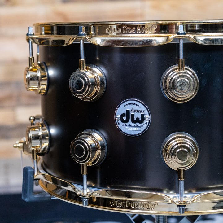 DW Collectors Snare Drum 8 x 14 Satin Black Over Brass Snare/ Gold Hardware