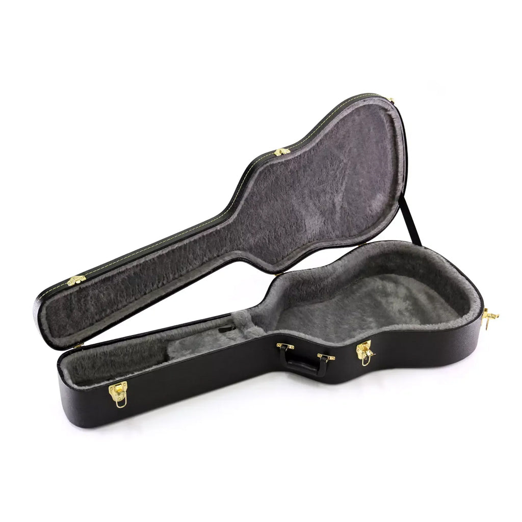 Yorkville hardshell acoustic guitar case designed for standard dreadnought body shapes. Five-ply cross-laminate wood construction with heavy-duty vinyl covering, plush interior lining, large accessory compartments, all-metal locking fasteners, and heavy-duty molded handles.