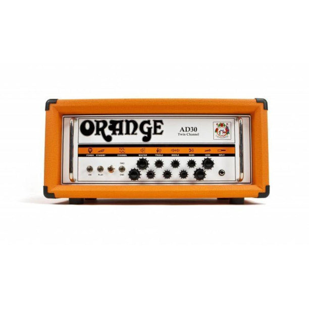 The Orange AD30HTC Twin Channel Head in black is a 30-watt all-valve guitar amp featuring a valve rectifier and EL84 power tubes. Two independent channels offer warm cleans and smooth overdrive with classic British character, three-band EQ on both channels, and a GZ34 valve rectifier for dynamic, touch-sensitive response.