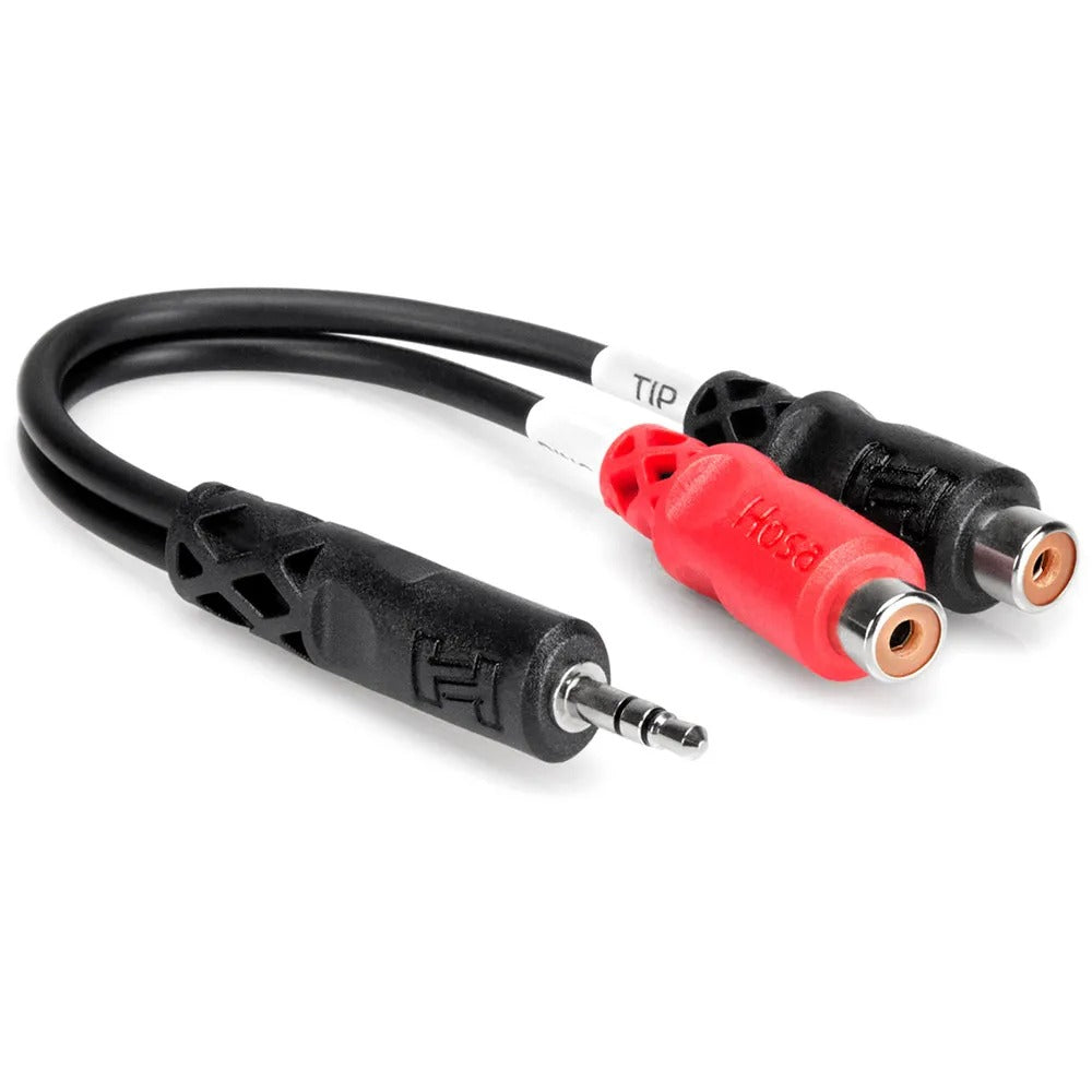 Y-cable splitter or combiner for routing one audio signal to two destinations or combining two sources.